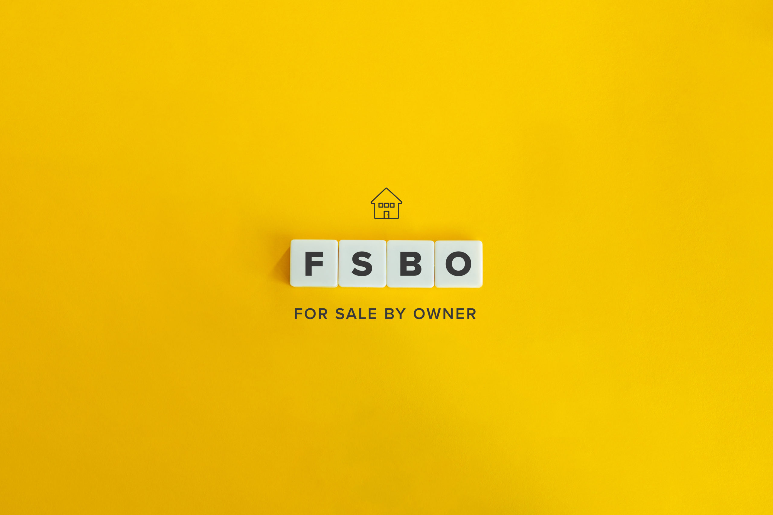 For Sale by Owner (FSBO) Banner. Letter tiles on bright yellow background. Minimal aesthetics.